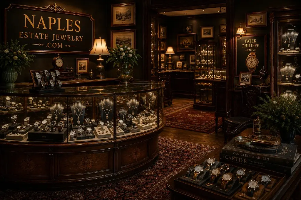 Imagined old-world jewelry showroom with antique display cases
